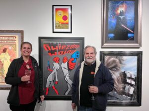 Steve Sansweet at Petaluma Arts Center with the curator Lisa Demetrios.
